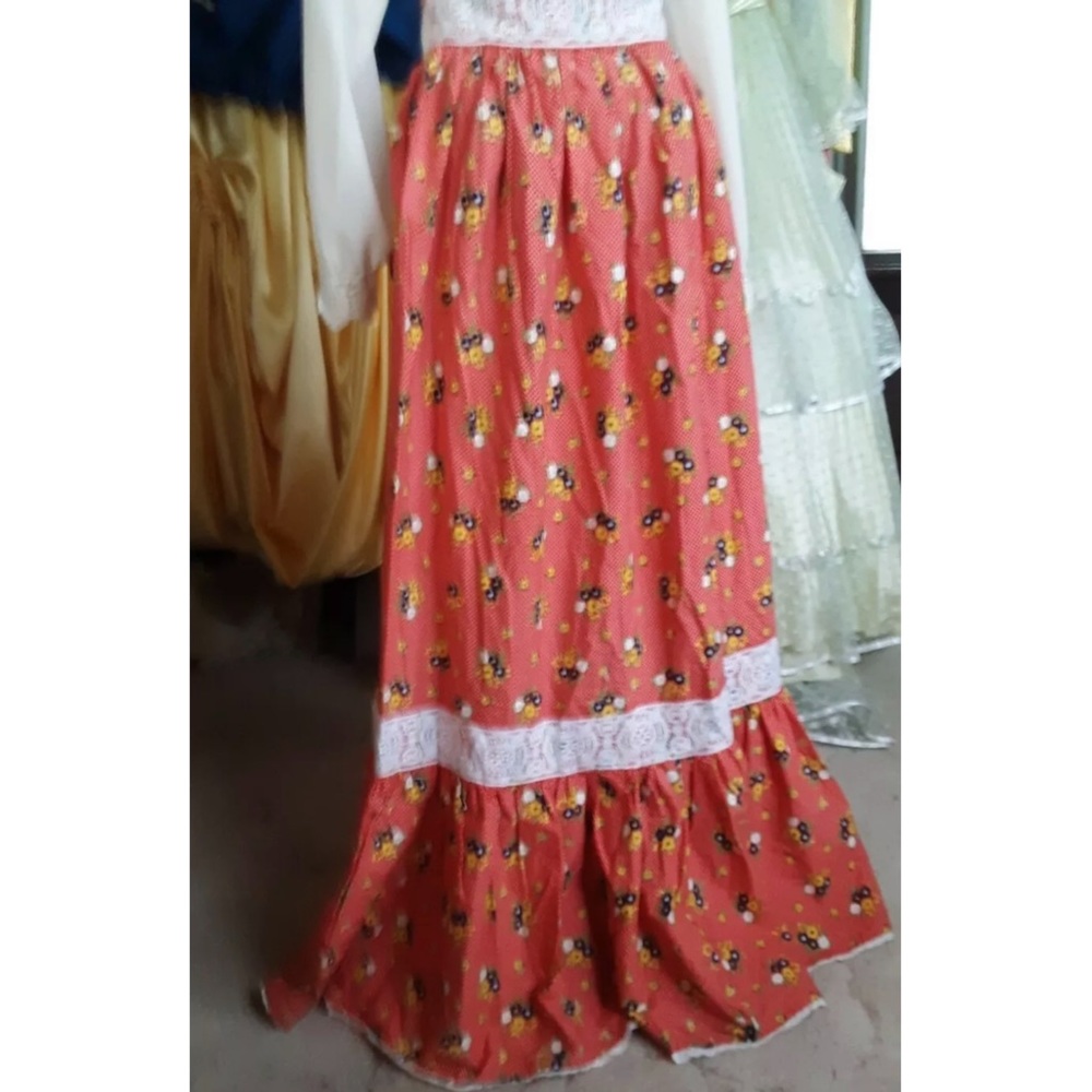 Vintage Red Calico Prairie Skirt 1970's Homemade Homespun